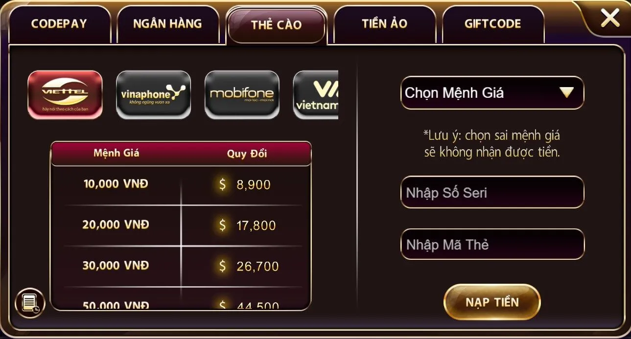 Giao dịch Sunwin qua thẻ cào